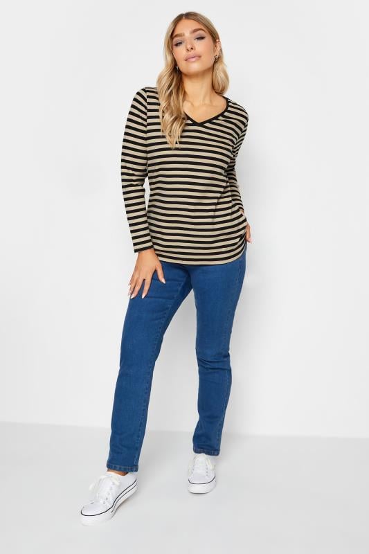 Evans M&Co Beige Brown Stripe V-Neck Cotton Long Sleeve T-Shirt