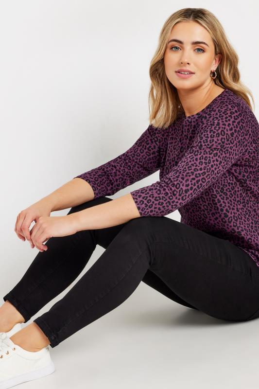 Evans M&Co Berry Purple Leopard Print Cotton 3/4 Sleeve T-Shirt