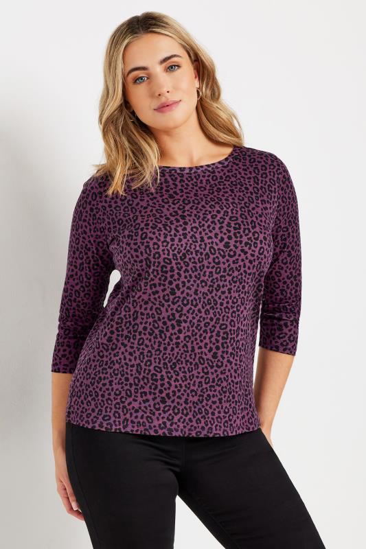 evans M&Co Berry Purple Leopard Print Cotton 3/4 Sleeve T-Shirt