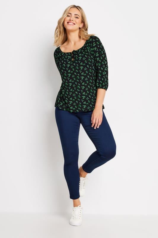 Evans M&Co Black & Green Ditsy Floral Print Tie Neck Top