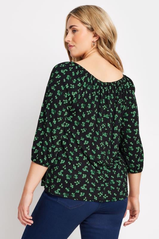 Evans M&Co Black & Green Ditsy Floral Print Tie Neck Top