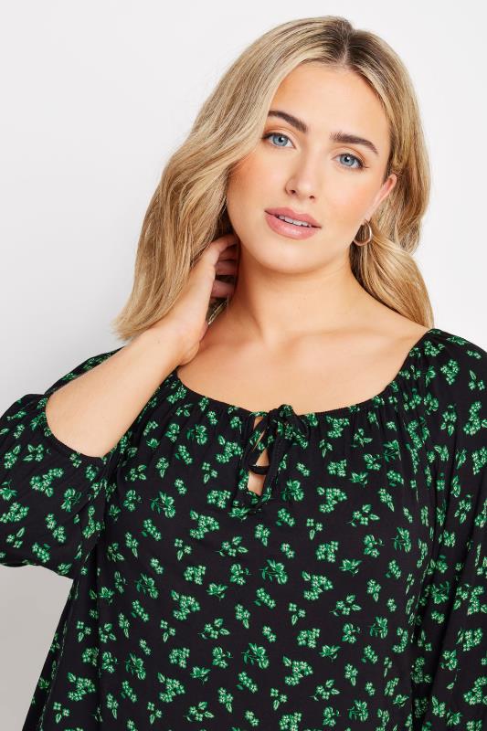 Evans M&Co Black & Green Ditsy Floral Print Tie Neck Top