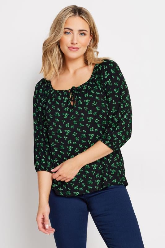 evans M&Co Black & Green Ditsy Floral Print Tie Neck Top