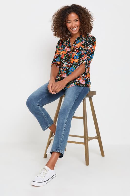 Evans M&Co Black & Pink Floral Print Half Placket Blouse