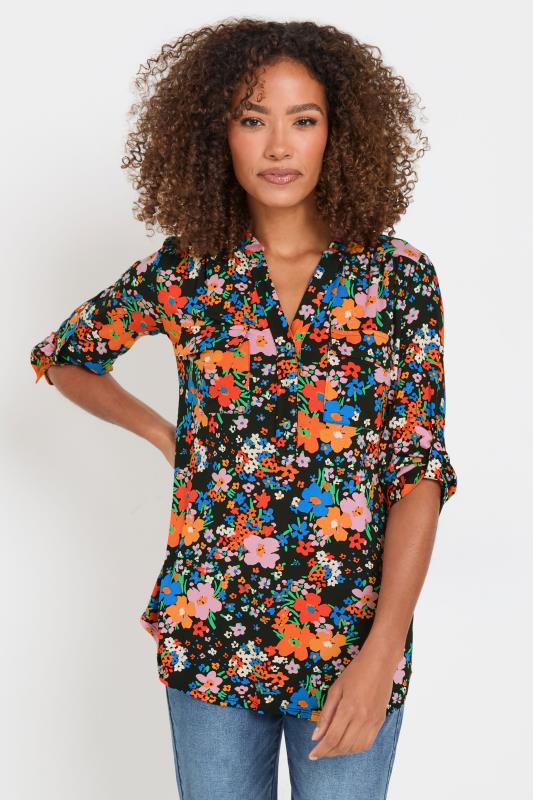 evans M&Co Black & Pink Floral Print Half Placket Blouse