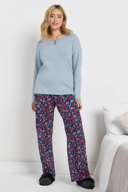 Evans M&Co Blue & Purple Cotton Floral Wide Leg Pyjama Set