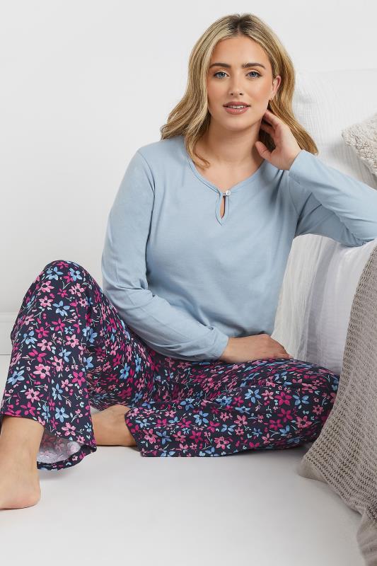 evans M&Co Blue & Purple Cotton Floral Wide Leg Pyjama Set