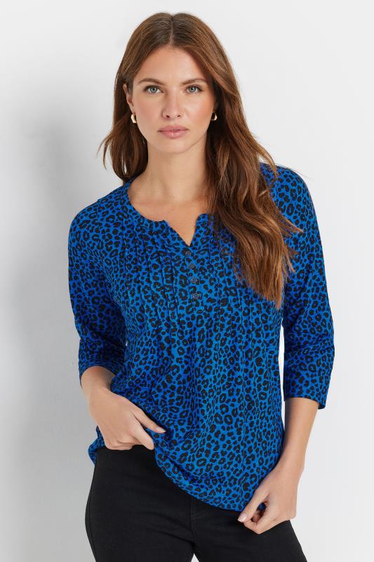 evans M&Co Cobalt Blue Leopard Print Cotton Henley Top