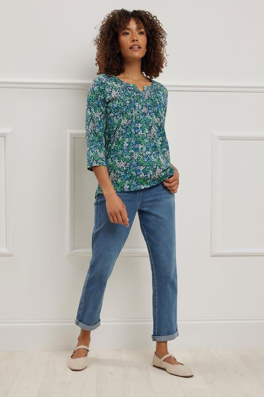 Evans M&Co Dark Green Floral Print Cotton Henley Top
