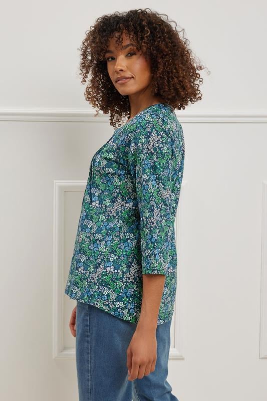 Evans M&Co Dark Green Floral Print Cotton Henley Top
