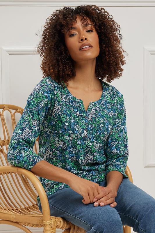 evans M&Co Dark Green Floral Print Cotton Henley Top