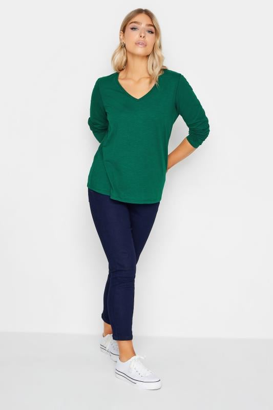 Evans M&Co Dark Green V-Neck Long Sleeve Cotton Blend T-Shirt