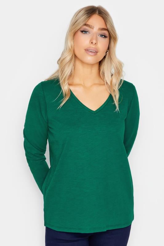 evans M&Co Dark Green V-Neck Long Sleeve Cotton Blend T-Shirt