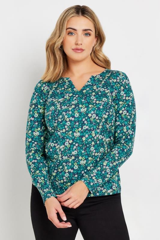 Evans M&Co Green Ditsy Floral Print Cotton Notch Neck Top
