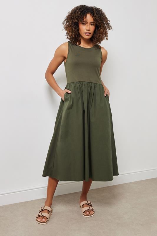 Evans M&Co Khaki Green Sleeveless Cotton Midi Dress