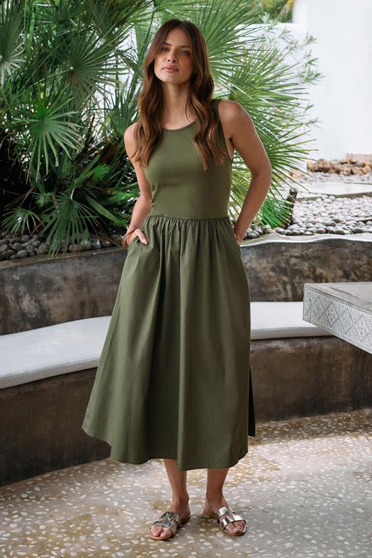evans M&Co Khaki Green Sleeveless Cotton Midi Dress