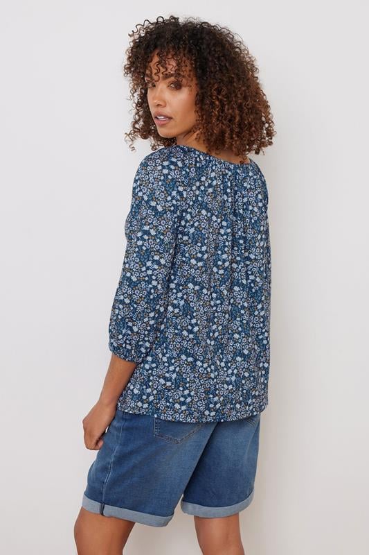 Evans M&Co Navy Blue Ditsy Floral Print Tie Neck Top