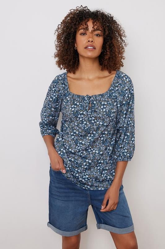 Evans M&Co Navy Blue Ditsy Floral Print Tie Neck Top