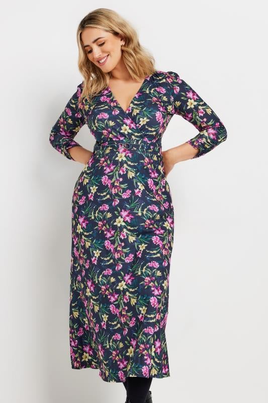 Evans M&Co Navy Blue Floral Print Belted Wrap Midi Dress