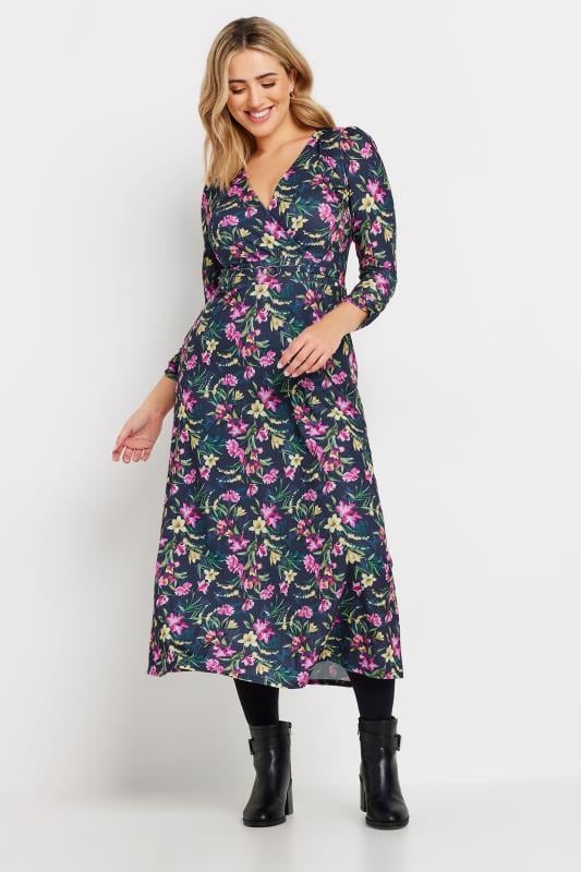 evans M&Co Navy Blue Floral Print Belted Wrap Midi Dress