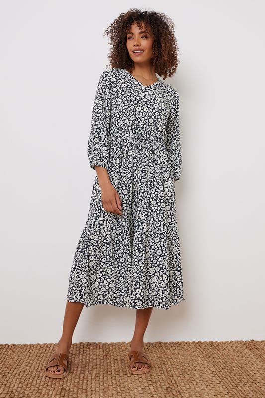 Evans M&Co Navy Blue Floral Print Tiered Midi Dress