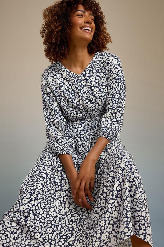 evans M&Co Navy Blue Floral Print Tiered Midi Dress