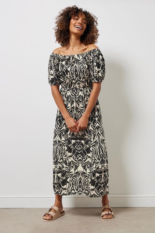 evans M&Co Neutral Brown & Black Abstract Print Bardot Dress