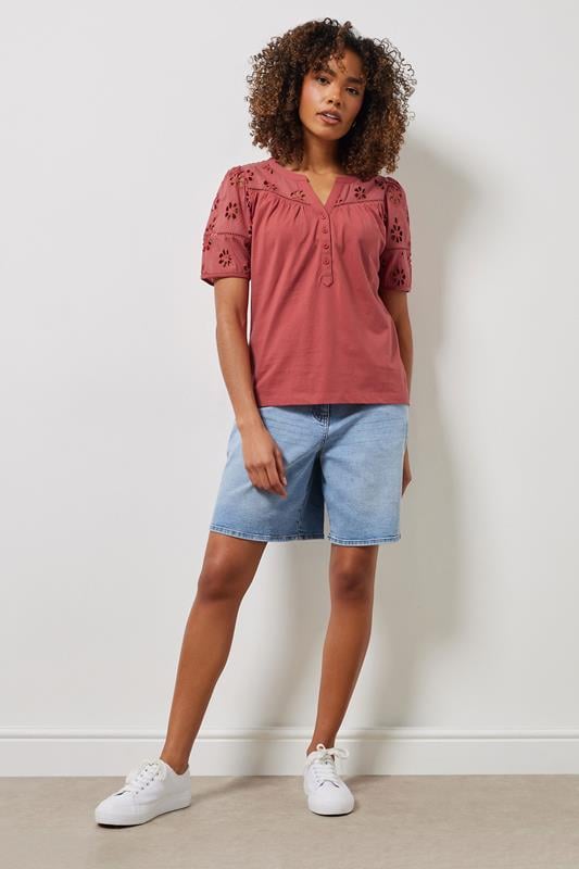 Evans M&Co Pink Cotton Broderie Short Sleeve Blouse