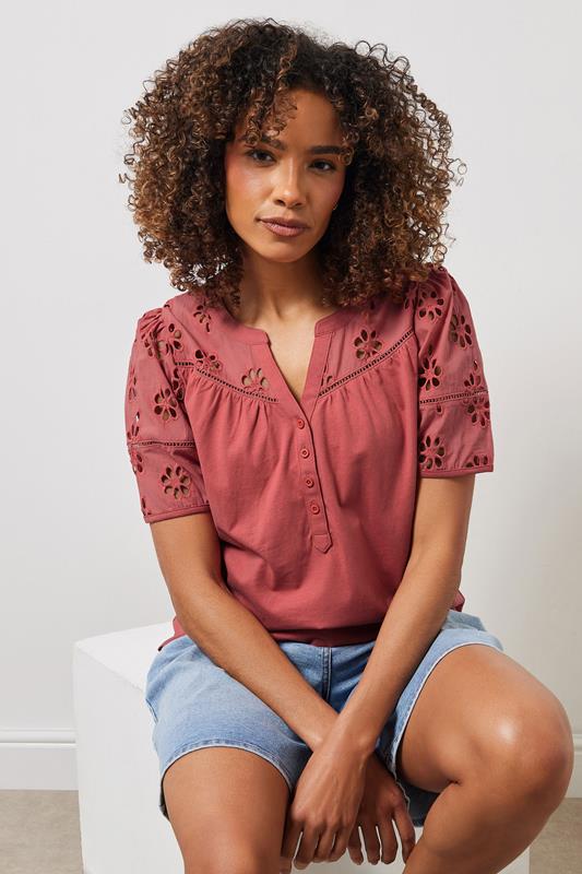 evans M&Co Pink Cotton Broderie Short Sleeve Blouse
