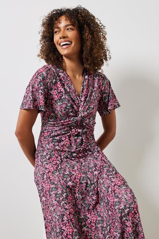 Evans M&Co Pink Floral Print Twist Front Short Sleeve Dress
