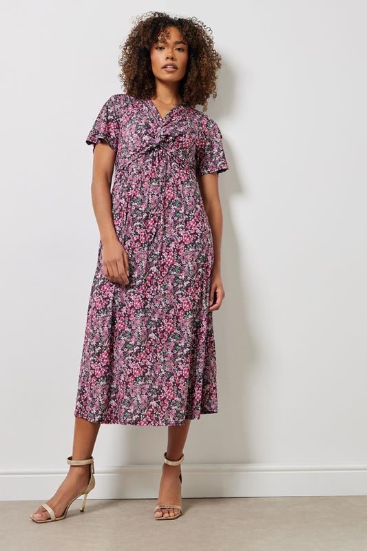 Evans M&Co Pink Floral Print Twist Front Short Sleeve Dress