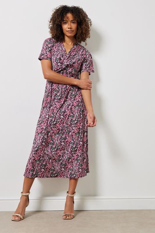 evans M&Co Pink Floral Print Twist Front Short Sleeve Dress
