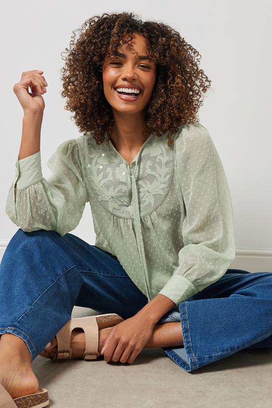 Evans M&Co Sage Green Embroidered Dobby Tie Neck Blouse