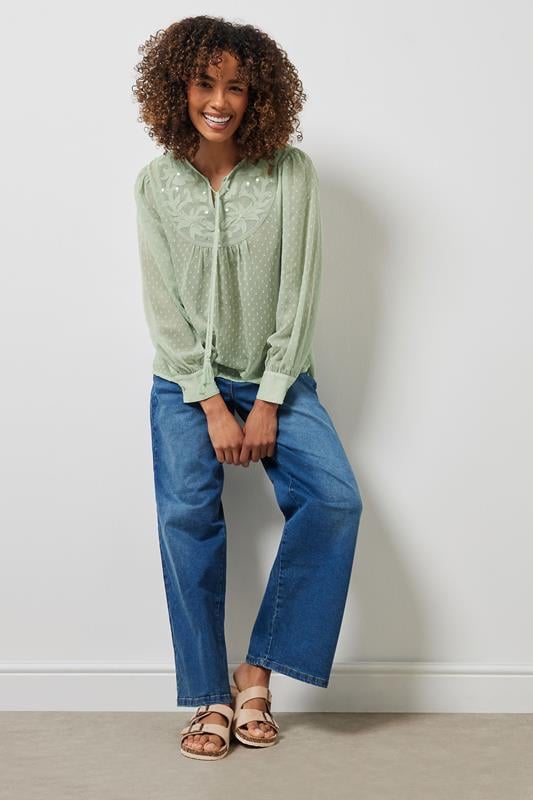 Evans M&Co Sage Green Embroidered Dobby Tie Neck Blouse