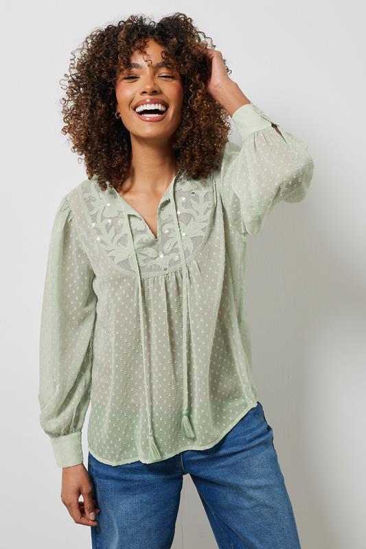 Evans M&Co Sage Green Embroidered Dobby Tie Neck Blouse