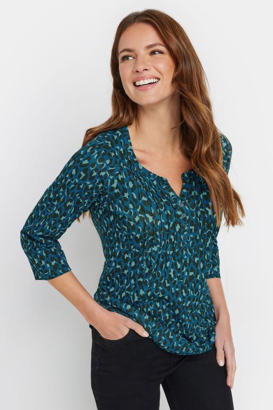 Evans M&Co Teal Blue Animal Print Cotton Henley Top