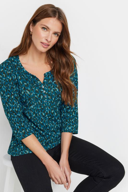 evans M&Co Teal Blue Animal Print Cotton Henley Top