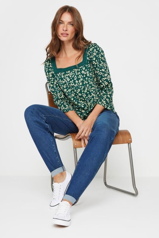 Evans M&Co Teal Blue Floral Print Cotton Square Neck T-Shirt