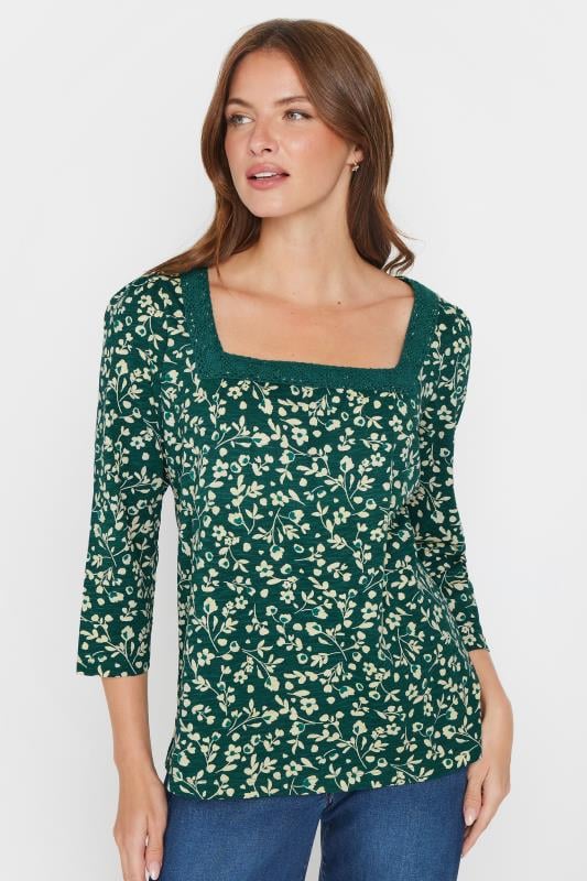 evans M&Co Teal Blue Floral Print Cotton Square Neck T-Shirt