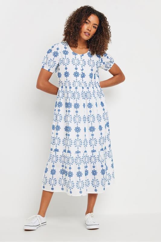 Evans M&Co White & Blue Cotton Broderie Embroidered Midi Dress