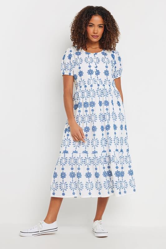 Evans M&Co White & Blue Cotton Broderie Embroidered Midi Dress
