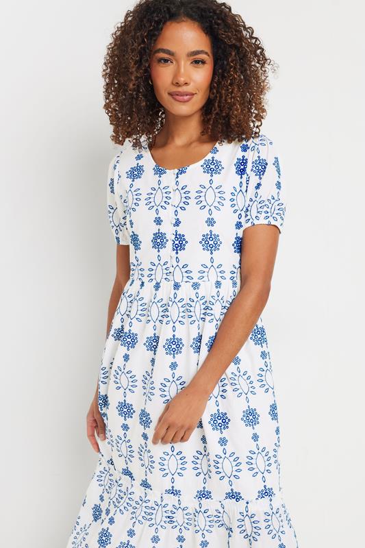 Evans M&Co White & Blue Cotton Broderie Embroidered Midi Dress