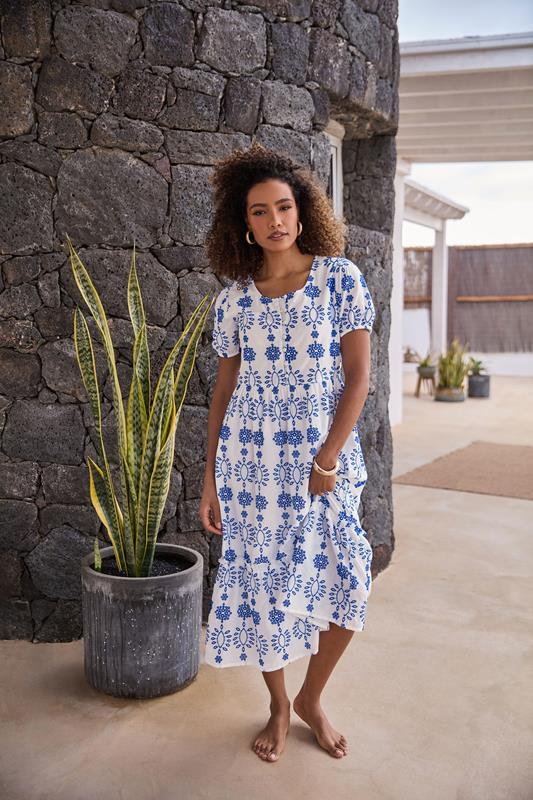 evans M&Co White & Blue Cotton Broderie Embroidered Midi Dress