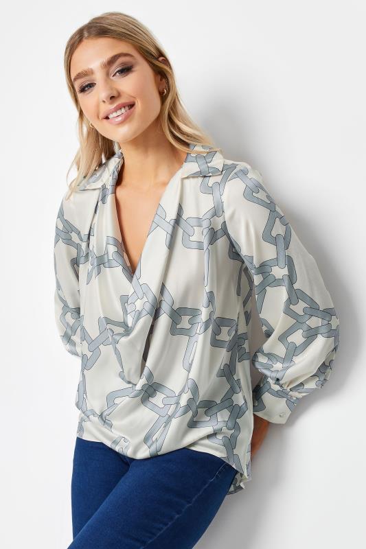 evans M&Co White Chain Print Cowl Neck Satin Blouse