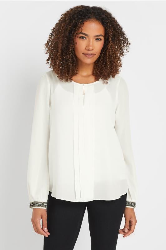 evans M&Co White Sequin Cuffed Sleeve Pleated Blouse