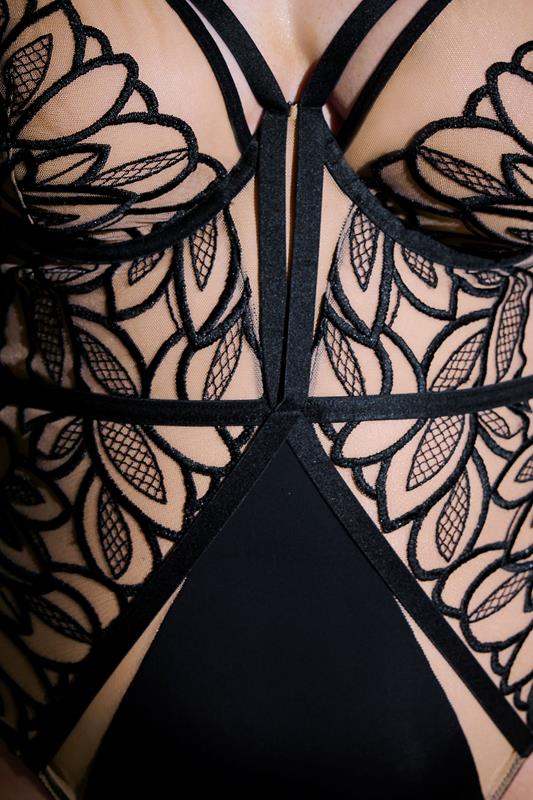Evans PLAYFUL PROMISES Black Floral Embroidered Strappy Bodysuit
