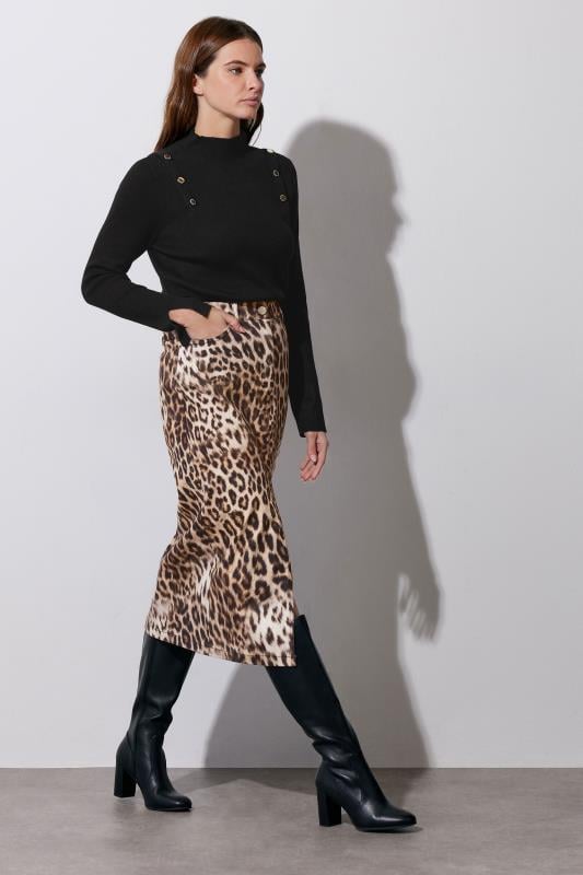 Evans STAR Beige Brown Denim Leopard Print Midi Skirt