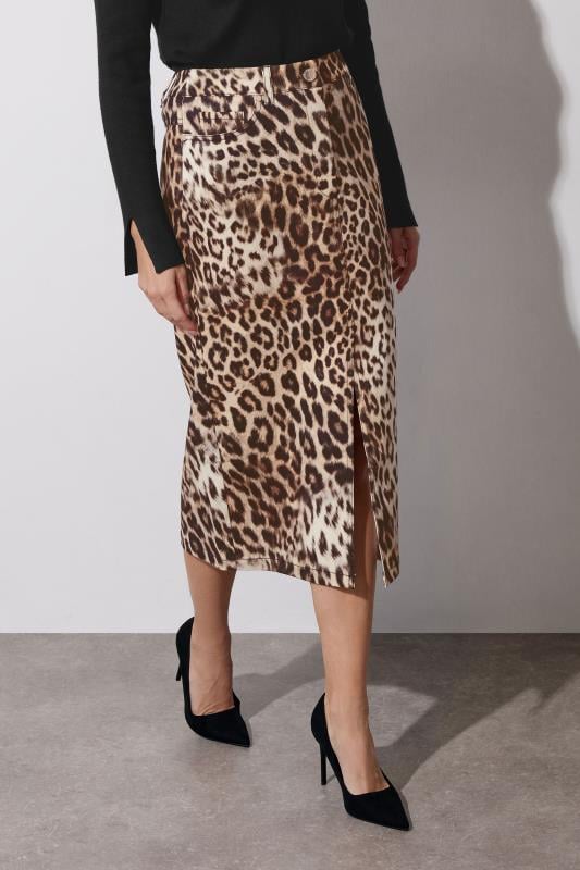 Evans STAR Beige Brown Denim Leopard Print Midi Skirt