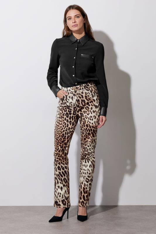 Evans STAR Beige Brown Denim Leopard Straight Leg Jeans