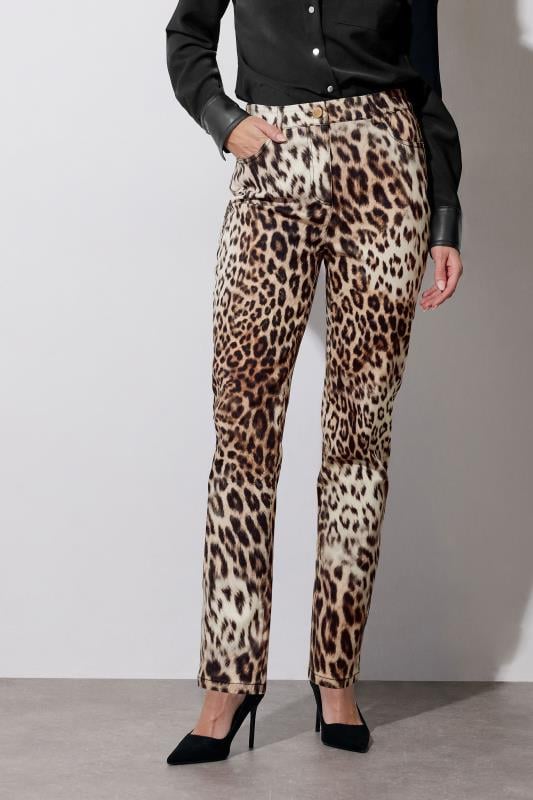 Evans STAR Beige Brown Denim Leopard Straight Leg Jeans